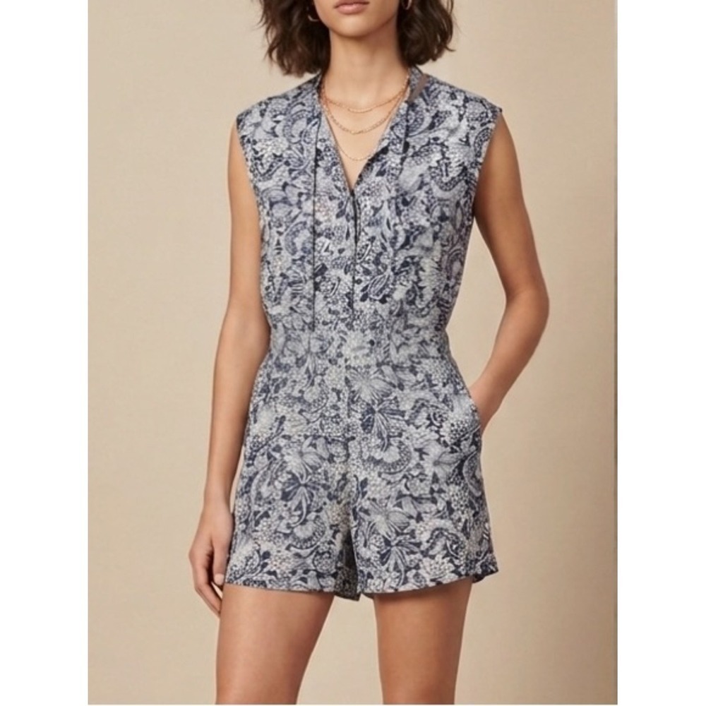 Sandro Floral Paisley Romper Womens 3 Navy Blue White Sleeveless Cutout Neckline